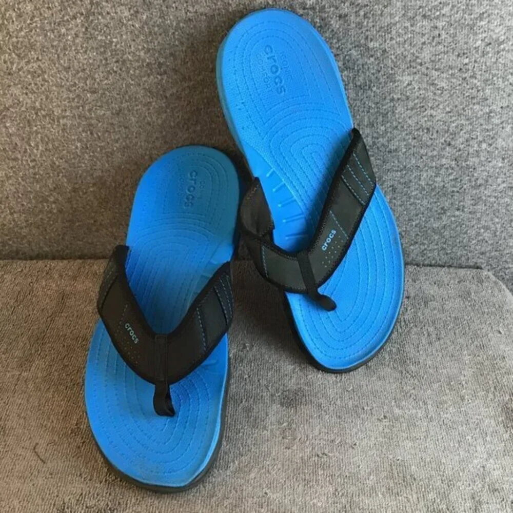 Crocs Swiftwater Blue Black Leather Comfort Sandals Flip Flops Sz 12 EUC‎